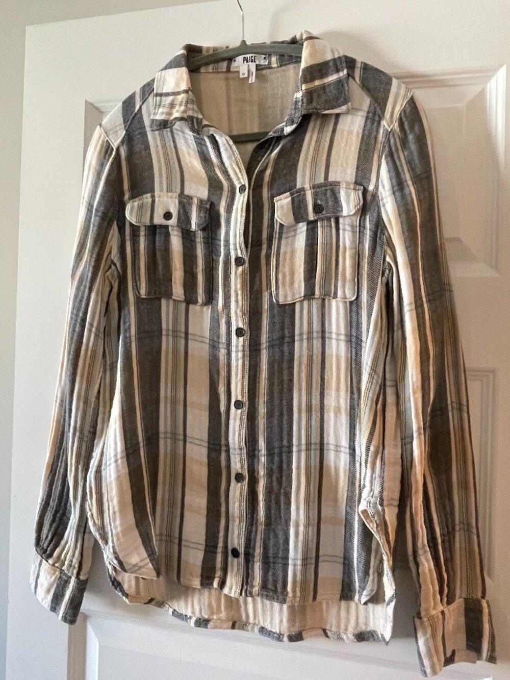 PAIGE Plaid Cotton Button Down Flannel Shirt Gray Tan Cream Medium M